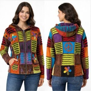 Rising International Patchwork Hippie Hoodie Jacket Peace Sign Boho Artsy Coat